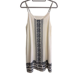 Anthropologie Skies Are Blue Ivory Navy Embroidered Mini Dress L Braided Straps